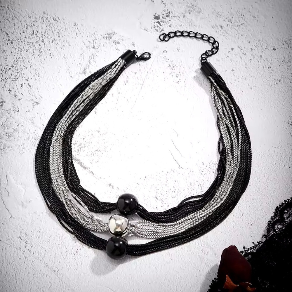 18K Black & White Gold Rhodium Plated Chunky Thick Layered Chain Beads Necklace - Picture 5 of 8